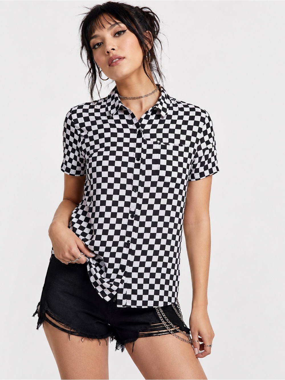 Hot Topic Checkerboard Button Up Shirt L Black White Skater Punk Emo Y2K